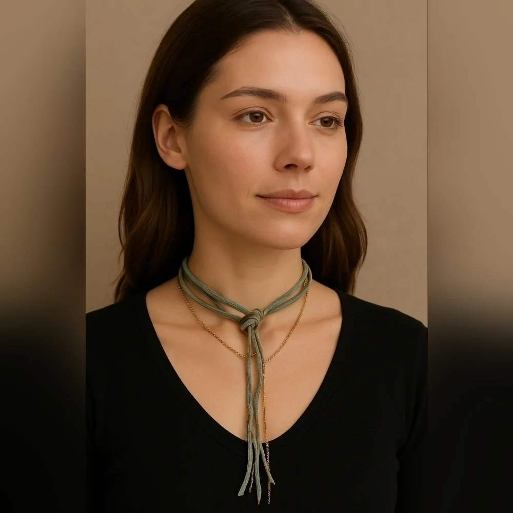 Marlyn Schiff Leather Chain Tie Necklace Green and Gold